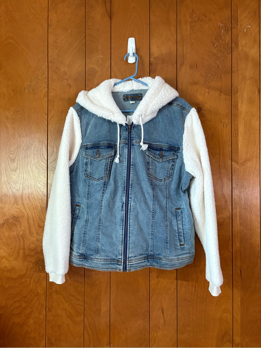 Maurices Denim Jacket with White Sherpa Hood & Sleeves